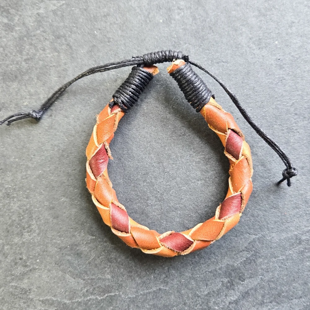 NWT Handmade Reclaimed Leather Braided Bracelet, Tan & Brown